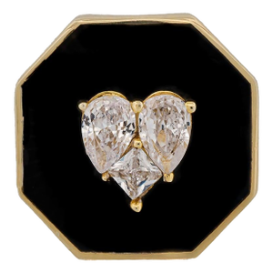 Magical Love Black Enamel Diamond Heart Adjustable Statement Ring, Size 5.5