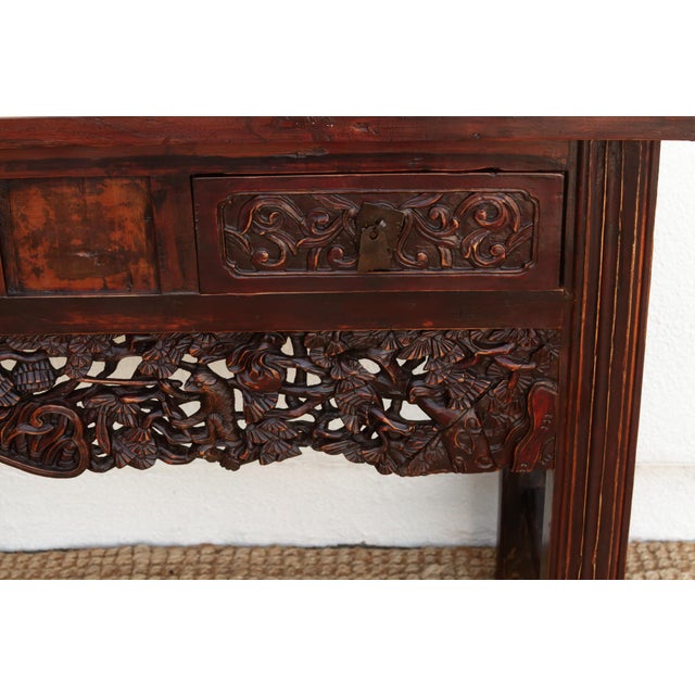 Wood Rustic Heavily Carved Chinese Altar Console For Sale - Image 7 of 14