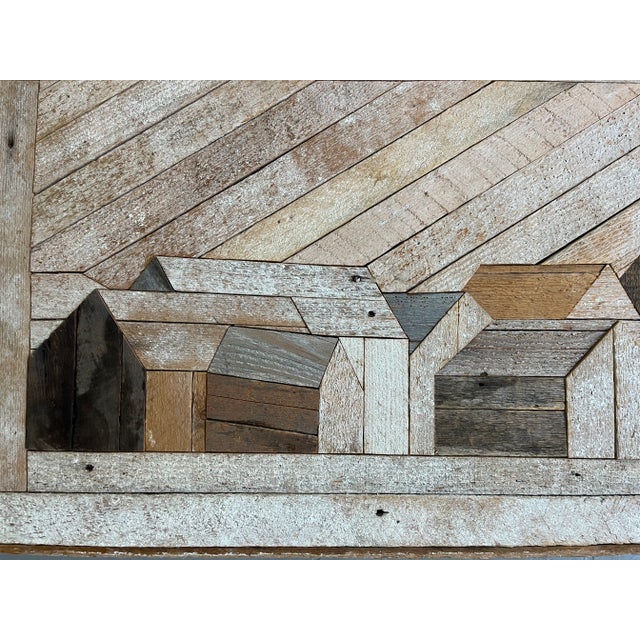 Mid-Century Modern wood construction wall sculpture depicting a village landscape. Detailed geometric construction in...