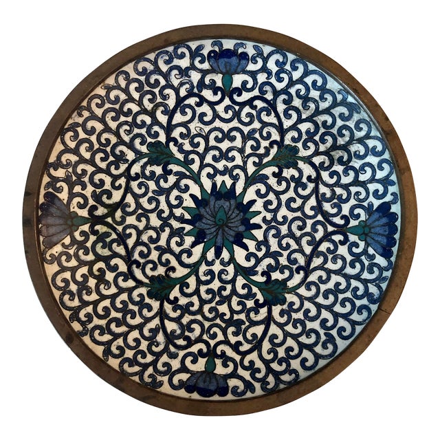 Blue and White Hand-Painted Enamel Footed Brass Trinket Bowl Dish For Sale