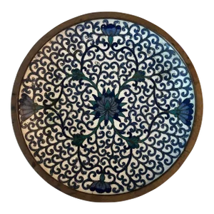 Blue and White Hand-Painted Enamel Footed Brass Trinket Bowl Dish