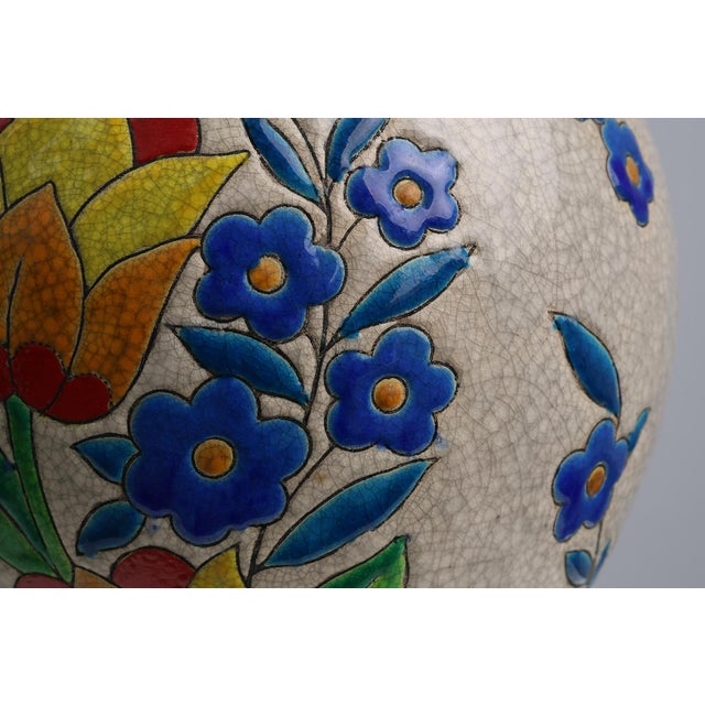 Art Deco Crackle Glazed Vases with Polychrome Floral Design by Charles Catteau for Boch Keramis, Belgium 1930s For Sale - Image 10 of 11