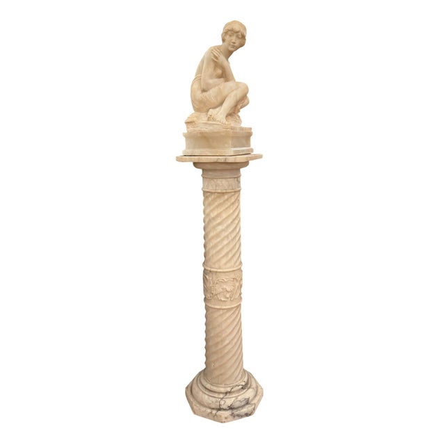 Alabaster Early 20th Century. Italian Alabaster Female Bather Lamp With Pedestal For Sale - Image 8 of 8