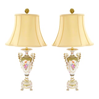 Late 19th Century Continental Hand-Gilt Porcelain Two-Handled Table Lamps For Sale