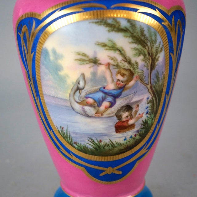 Pink Antique French Old Paris Porcelain Genre Portrait Vase with Children 19th Century For Sale - Image 8 of 11