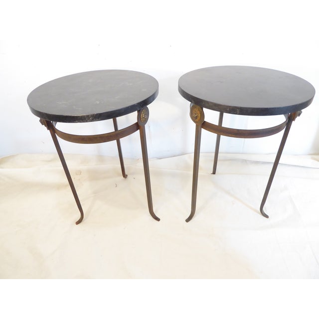 Traditional Vintage Bronze Tone & Marbleized Side Tables - A Pair For Sale - Image 3 of 6