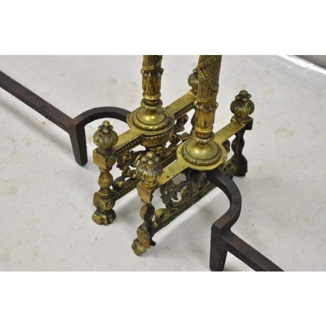 Antique French Empire Style Flame Finial Brass and Cast Iron Andirons - A Pair For Sale In Philadelphia - Image 6 of 10