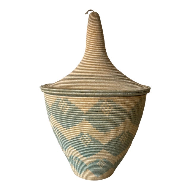 Large Vintage African Style Lidded Floor Basket With Geometric Pattern For Sale