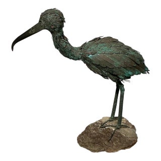 Vintage 50s 60s Ibis Sculpture Copper Natural Verdigris on Stone Base For Sale