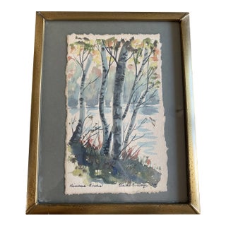 1970s Original Watercolor Painting of Riverside Birch Trees Framed For Sale