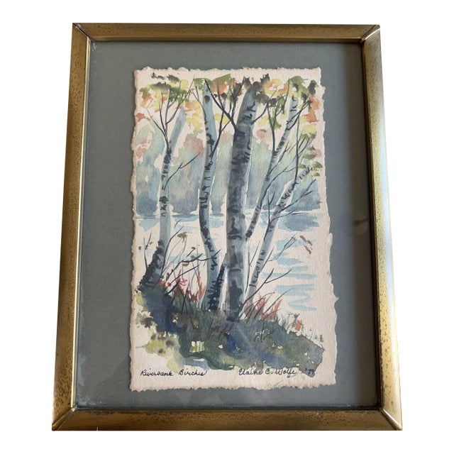 1970s Original Watercolor Painting of Riverside Birch Trees Framed For Sale