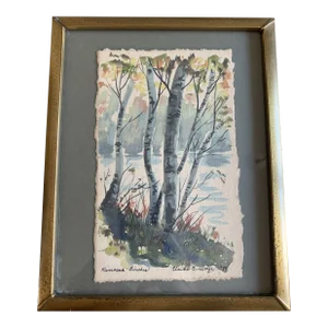1970s Original Watercolor Painting of Riverside Birch Trees Framed