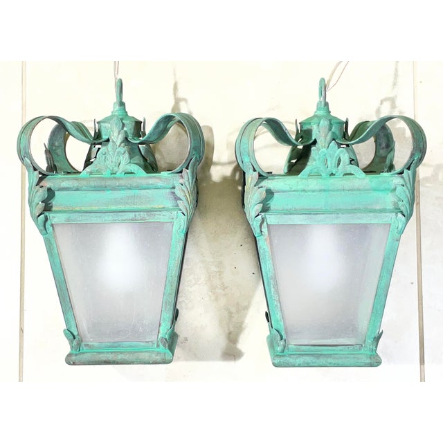 Vintage French Style Solid Brass Lanterns / Pendents With Verdigris For Sale - Image 10 of 15