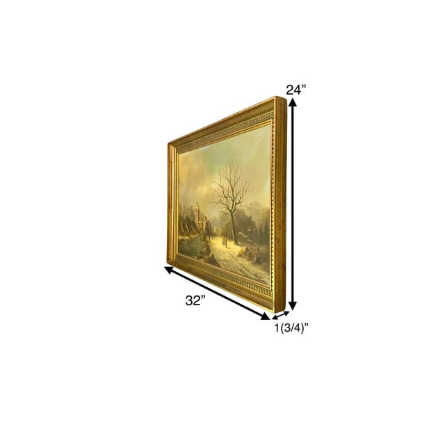 Large oil of a Dutch winter landscape with ice skaters on the Rhine. Signed, framed Impressionist cityscape. Condition: In...