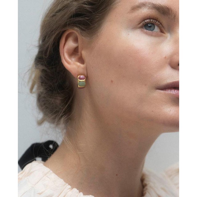 Our signature Aventurine and Rhodonite Huggie Earrings are made in 18ct Gold-Vermeil. Each earring measures 3/8" in width,...