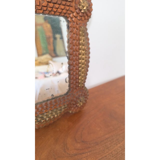 Wood Antique Tramp Art Mirror, Folk Art Carved Wood Mirror, Rustic Americana Wall Decor, Hand Carved Wooden Frame For Sale - Image 7 of 15