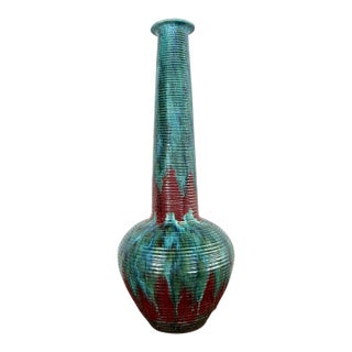 Vintage Tall Ceramic Glazed Ribbed Vase For Sale