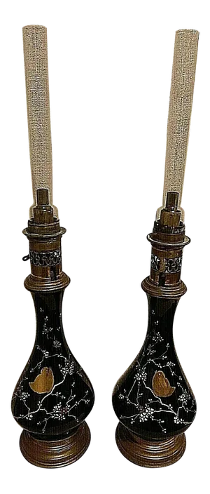 Antique C1870's Russian Napoleon III Era Black Opaline with Birds Original Oil Table Lamps - a Pair