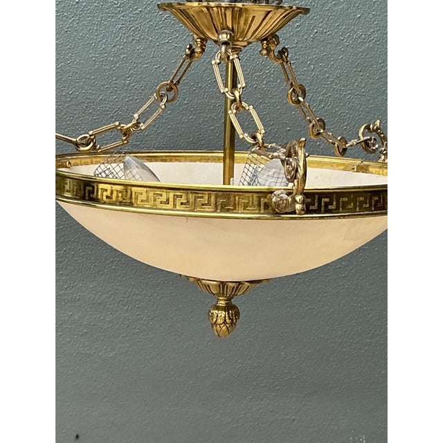 Alabaster Vintage Metal and Glass Greek Key Pendant Light For Sale - Image 8 of 12