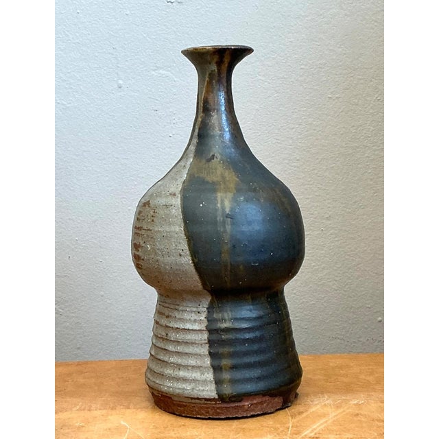Olive Vintage Two-Tone Glazed Ceramic Vase For Sale - Image 8 of 14