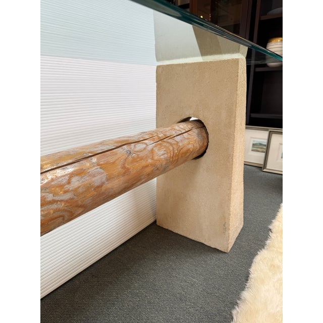 Wood Sculpted Hand Plastered + Glass Console Table For Sale - Image 7 of 11