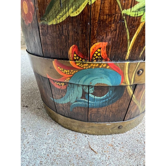 Brown Pair Set Antique English Oak Barrel Jardinière Planter Rosemaling Hand Painted For Sale - Image 8 of 18