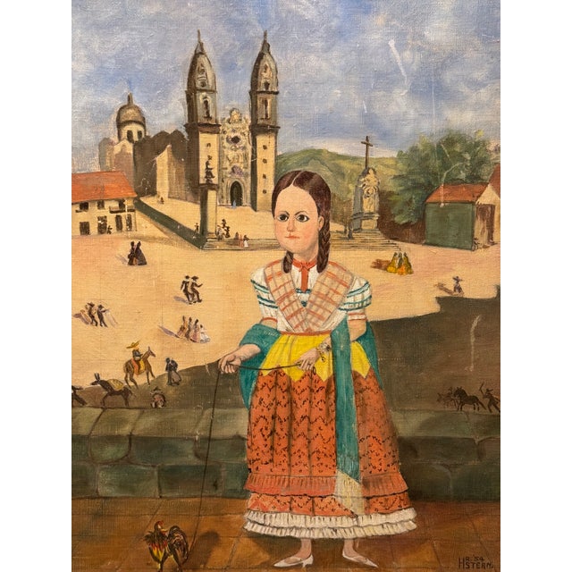 Vintage 1954 Mexican School portrait painting on board of a girl in her traditional clothes- perhaps her Sunday-best-...