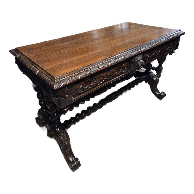 Antique Oak Heavily Carved Late 19th Century Desk With Barley Twist Legs For Sale