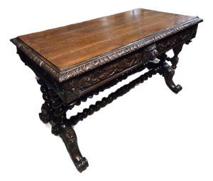 Antique Oak Heavily Carved Late 19th Century Desk With Barley Twist Legs