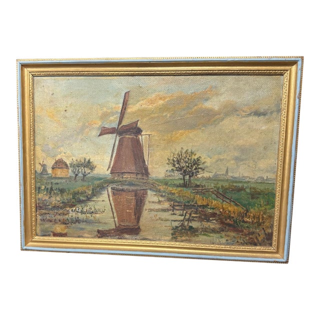 Vintage Country Landscape Windmill Oil Painting on Artists Board For Sale