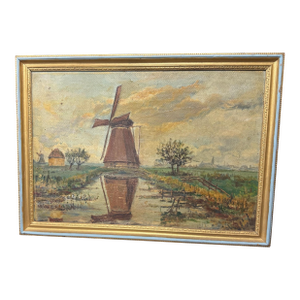Vintage Country Landscape Windmill Oil Painting on Artists Board