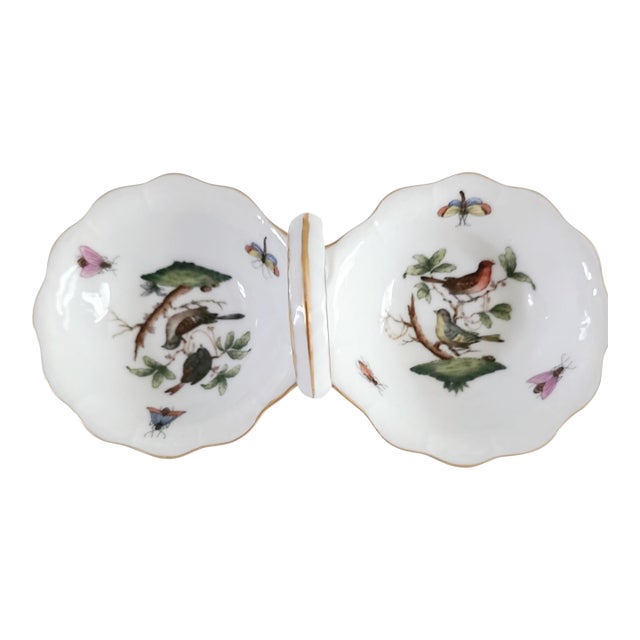 Herend Rothschild Bird 1960s Twin Salt Cellar W/ Center Handle - Discontinued - For Sale