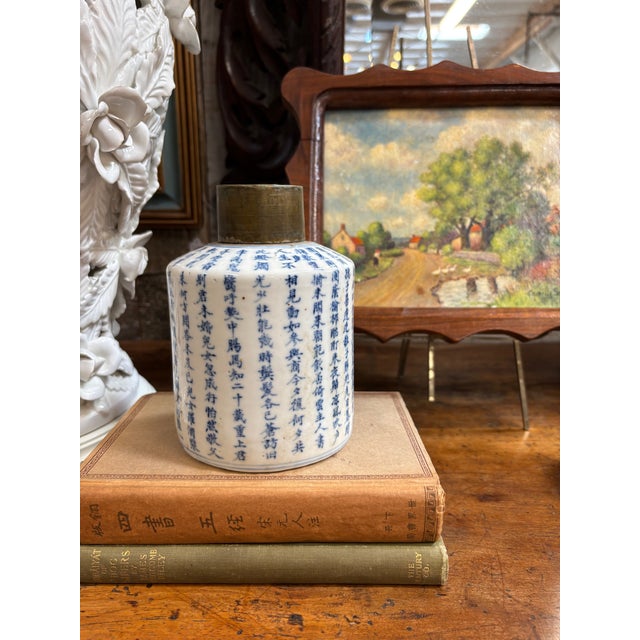 Asian Antique Late 19th Century Porcelain Blue & White Chinese Tea Box or Poem Jar For Sale - Image 3 of 11