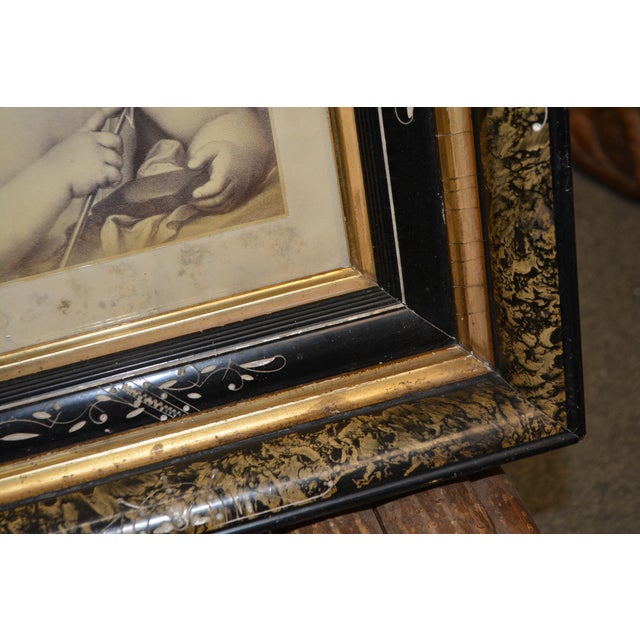 Wood Vintage Gold / Black Mother of Pearl / Faux Marbleized Deep Picture Frame Cherub Arrow For Sale - Image 7 of 13