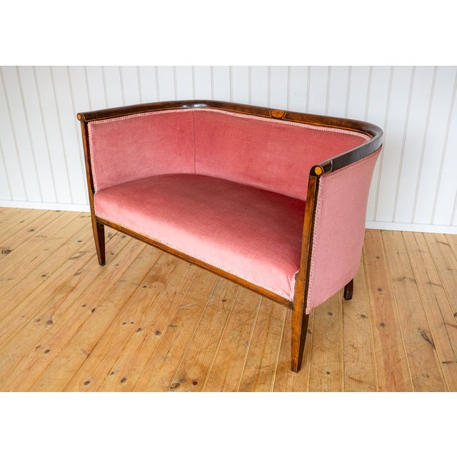 Antique Art Nouveau Edwardian Mahogany Barrel Back 2-Seater Settee Sofa, 1910s For Sale - Image 9 of 18
