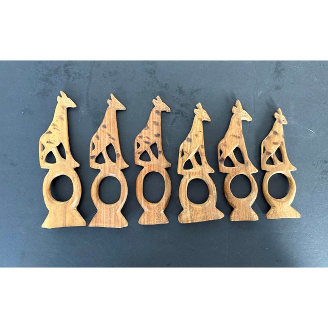 Vintage Hand Carved Wood Giraffe Napkin Rings Made in Africa Set of Six For Sale - Image 4 of 5