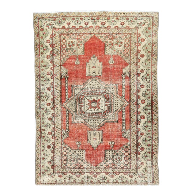 Mid 20th Century Geometric Star Design Rug – Handwoven Turkish Wool on Cotton Floor Rug -3' 7'' X 5' 9'' For Sale
