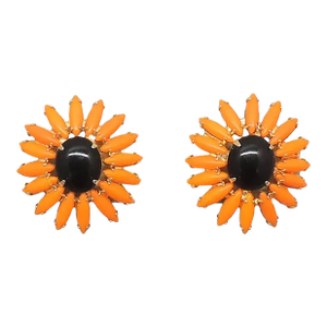 1960s Vintage Signed Napier Book Piece Orange & Black Daisy Clip Earrings - a Pair