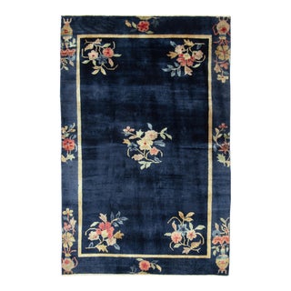 Vintage Chinese Deco Style Rug in Deep Blue, Pink and Gold Floral Medallions For Sale