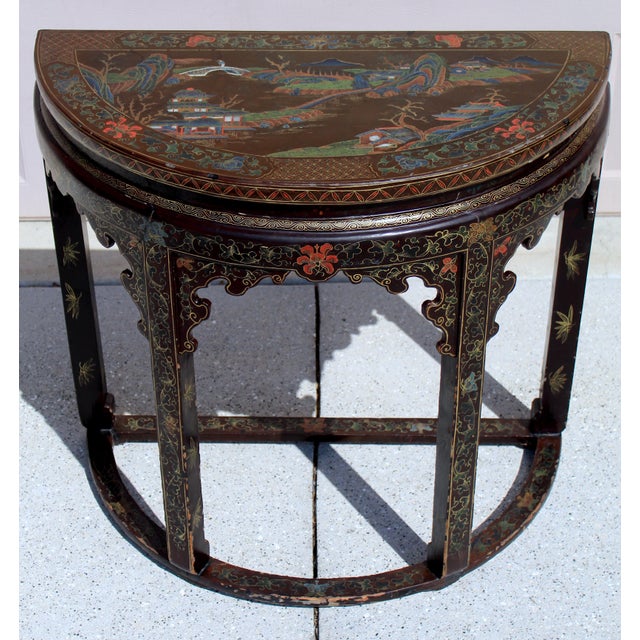 Chinese Antique 19th Century Chinese Brown Lacquer Demi-Lune Console Table | Hand-Painted Gilt Decor For Sale - Image 3 of 17