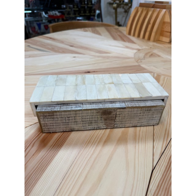 Elegant vintage rectangular decorative box featuring a luminous mother-of-pearl mosaic lid in soft ivory and pearlescent...