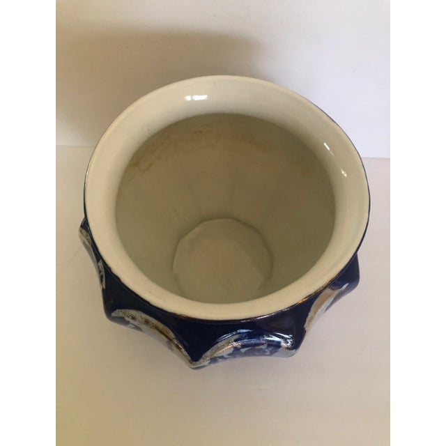 Art Nouveau Large Cobalt Flow Blue Iris Jardiniere Planter Cachepot With Gilt Accents For Sale - Image 3 of 13