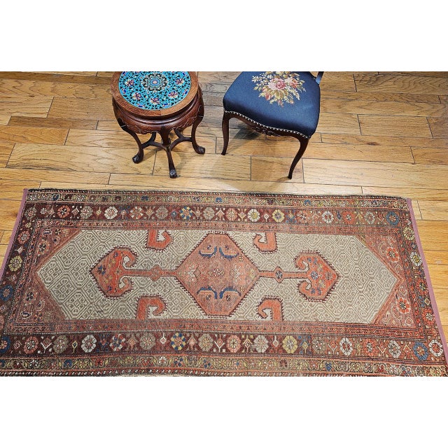 Persian Antique Persian Malayer Runner Rug, Hand-Knotted Wool, Geometric Pattern, 3x7, Camelhair & Burgundy For Sale - Image 3 of 14