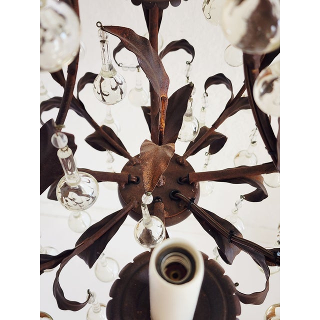 Coffee 1950s French Style Wrought Iron & Tole Chandelier With Crystals For Sale - Image 8 of 11