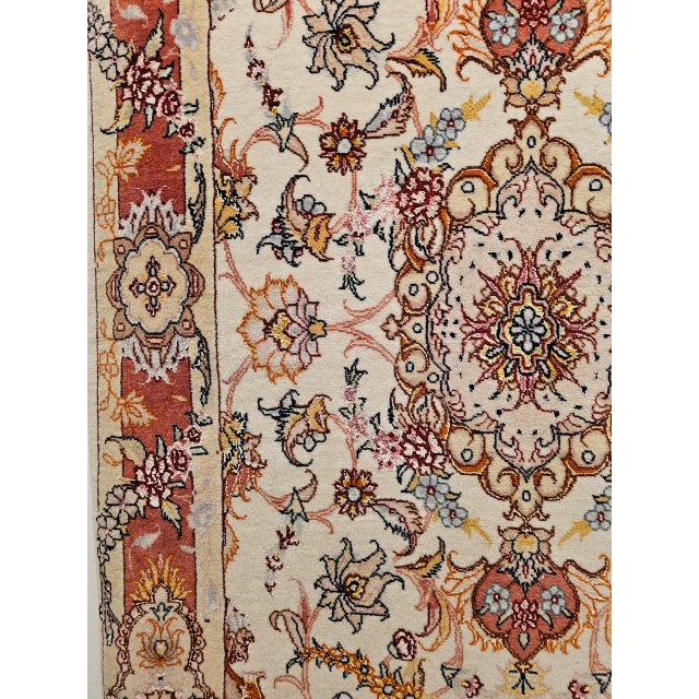 Vintage Tabriz Runner, Fine Hand-Knotted Wool & Silk, Floral Design, Ivory & Red, 3x11 For Sale - Image 15 of 16