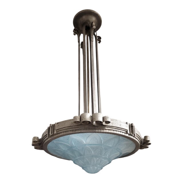 Early 20th Century Teal Blue French Art Deco Art Glass and Iron Mounted Pendant For Sale
