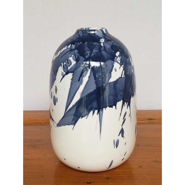 Contemporary Navy Brushstroke Ceramic Vase For Sale - Image 4 of 7