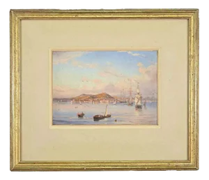 Unknown, View of the Gulf of Naples, 1800s, Gouache on Paper, Framed