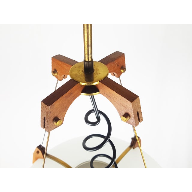 Mid-Century Modern Italian Opaline Glass, Brass & Teak Pendant Lamp, 1950s For Sale - Image 3 of 12