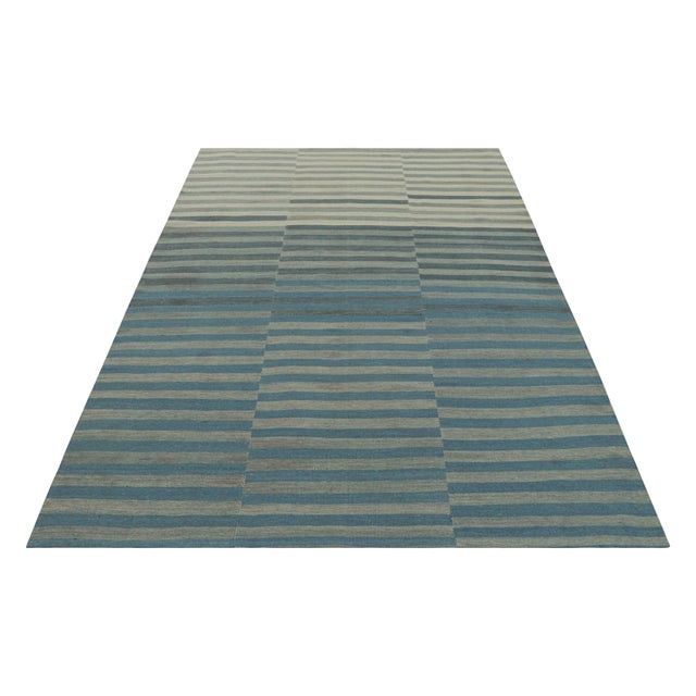 2010s Rug & Kilim’s Contemporary Kilim With Blue and Gray Textural Stripes For Sale - Image 5 of 7